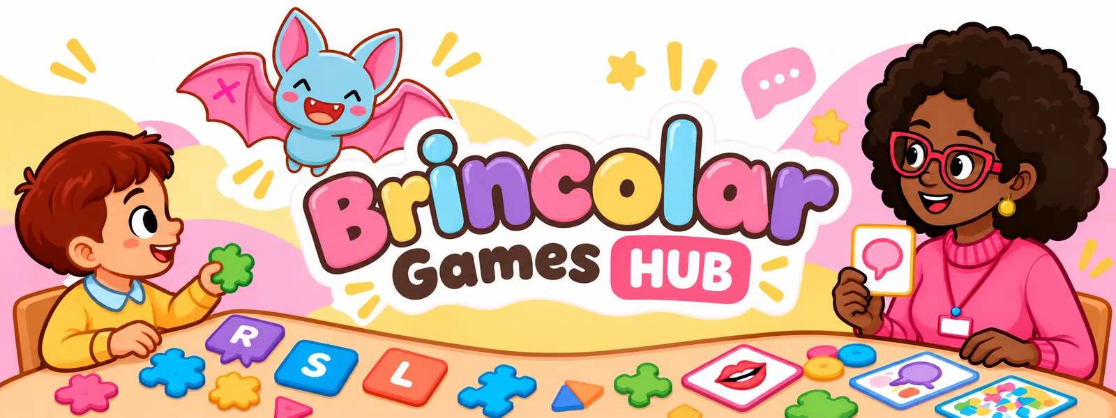 Brincolar Games HUB: criança e terapeuta brincando com peças e cartas